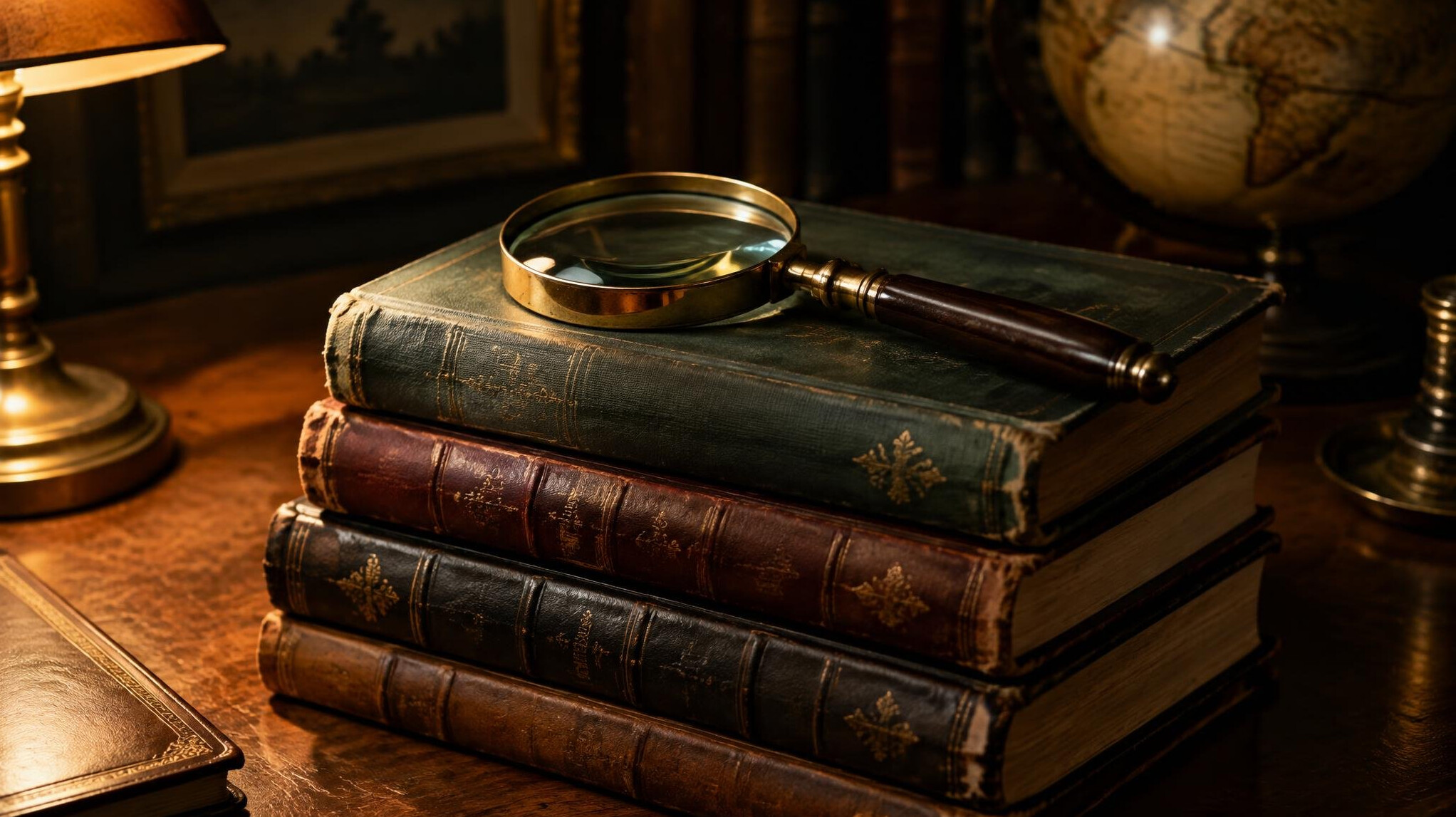 Stacked books with a magnifying glass on top under warm light