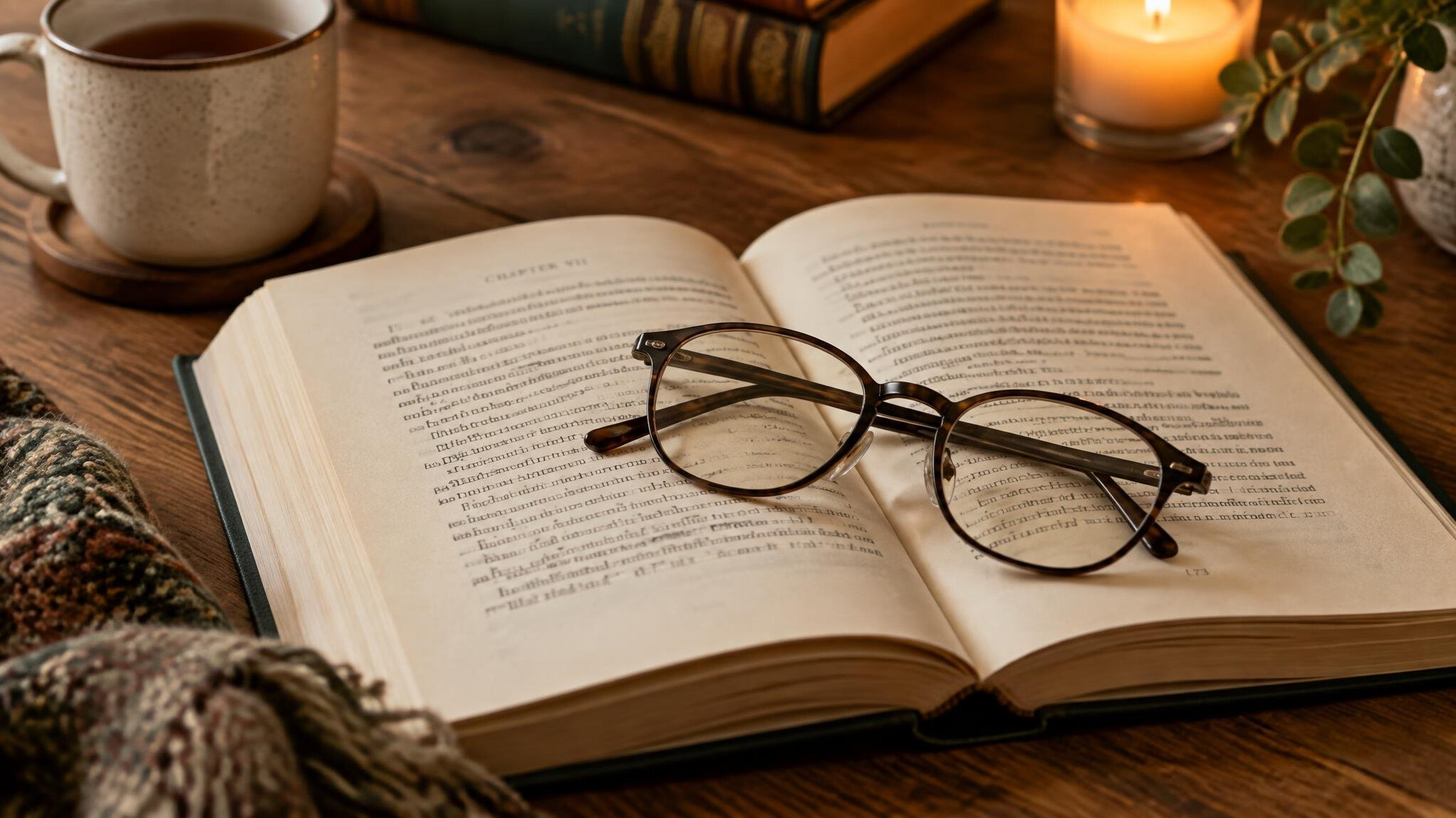 Open mystery novel with reading glasses on top